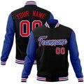 Custom Black & Royal Blue & White Color Block Cotton-Blend Full-Snap Varsity Jacket - front view