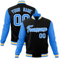 Personalized Black & Powder Blue & Gold Color Block Cotton-Blend Full-Snap Varsity Jacket - front view