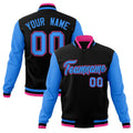 Custom Black & Powder Blue & Pink Color Block Cotton-Blend Full-Snap Varsity Jacket - front view