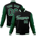 Custom Black & Green & White Color Block Cotton-Blend Full-Snap Varsity Jacket - front view