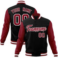 Personalized Black & Crimson & White Color Block Cotton-Blend Full-Snap Varsity Jacket - front view