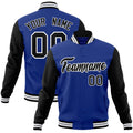 Custom Royal Blue & Black & White Color Block Cotton-Blend Full-Snap Varsity Jacket - front view