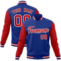 Custom Royal Blue & Red & White Color Block Cotton-Blend Full-Snap Varsity Jacket - front view
