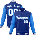 Personalized Royal Blue & White & Powder Blue Color Block Cotton-Blend Full-Snap Varsity Jacket - front view