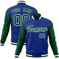 Custom Royal Blue & Green & White Color Block Cotton-Blend Full-Snap Varsity Jacket - front view