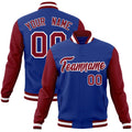 Personalized Royal Blue & Crimson & White Color Block Cotton-Blend Full-Snap Varsity Jacket - front view