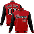 Custom Red & Black & White Color Block Cotton-Blend Full-Snap Varsity Jacket - front view