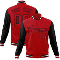 Personalized Red & Black & White Color Block Cotton-Blend Full-Snap Varsity Jacket - front view