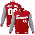 Custom Red & Gray & White Color Block Cotton-Blend Full-Snap Varsity Jacket - front view