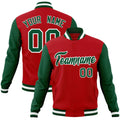 Personalized Red & Green & White Color Block Cotton-Blend Full-Snap Varsity Jacket - front view