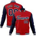 Custom Red & Navy & White Color Block Cotton-Blend Full-Snap Varsity Jacket - front view