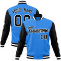 Personalized Powder Blue & Black & White Color Block Cotton-Blend Full-Snap Varsity Jacket - front view