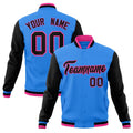 Custom Powder Blue & Black & Pink Color Block Cotton-Blend Full-Snap Varsity Jacket - front view