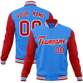 Custom Powder Blue & Red & White Color Block Cotton-Blend Full-Snap Varsity Jacket - front view