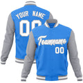 Personalized Powder Blue & White & Gray Color Block Cotton-Blend Full-Snap Varsity Jacket - front view