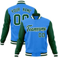 Custom Powder Blue & Green & White Color Block Cotton-Blend Full-Snap Varsity Jacket - front view