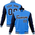 Custom Powder Blue & Navy & White Color Block Cotton-Blend Full-Snap Varsity Jacket - front view