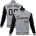 Custom Gray & Black & White Color Block Cotton-Blend Full-Snap Varsity Jacket - front view