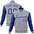 Custom Gray & Royal Blue & White Color Block Cotton-Blend Full-Snap Varsity Jacket - front view