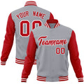 Personalized Gray & Red & White Color Block Cotton-Blend Full-Snap Varsity Jacket - front view