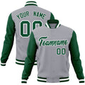 Custom Gray & Green & White Color Block Cotton-Blend Full-Snap Varsity Jacket - front view