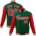 Custom Green & Red & White Color Block Cotton-Blend Full-Snap Varsity Jacket - front view