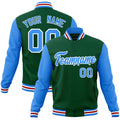 Custom Green & Powder Blue & White Color Block Cotton-Blend Full-Snap Varsity Jacket - front view