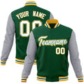 Personalized Green & Gray & Gold Color Block Cotton-Blend Full-Snap Varsity Jacket - front view