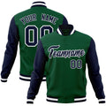 Custom Green & Navy & White Color Block Cotton-Blend Full-Snap Varsity Jacket - front view