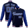 Personalized Navy & Royal Blue & White Color Block Cotton-Blend Full-Snap Varsity Jacket - front view