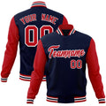 Custom Navy & Red & White Color Block Cotton-Blend Full-Snap Varsity Jacket - front view