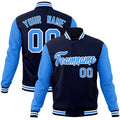 Custom Navy & Powder Blue & White Color Block Cotton-Blend Full-Snap Varsity Jacket - front view