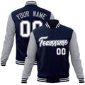 Personalized Navy & White Color Block Cotton-Blend Full-Snap Varsity Jacket - front view