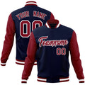 Custom Navy & Crimson & White Color Block Cotton-Blend Full-Snap Varsity Jacket - front view
