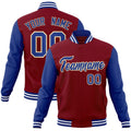 Personalized Crimson & Royal Blue & Khaki Color Block Cotton-Blend Full-Snap Varsity Jacket - front view