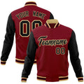 Custom Crimson & Black & Khaki Color Block Cotton-Blend Full-Snap Varsity Jacket - front view