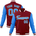 Custom Crimson & Powder Blue & White Color Block Cotton-Blend Full-Snap Varsity Jacket - front view