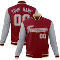 Personalized Crimson & Gray & Khaki Color Block Cotton-Blend Full-Snap Varsity Jacket - front view