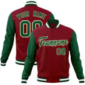 Custom Crimson & Green & White Color Block Cotton-Blend Full-Snap Varsity Jacket - front view