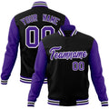 Custom Black & Purple & White Color Block Cotton-Blend Full-Snap Varsity Jacket - front view