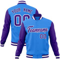 Custom Powder Blue & Purple & White Color Block Cotton-Blend Full-Snap Varsity Jacket - front view