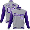 Personalized Gray & Purple & White Color Block Cotton-Blend Full-Snap Varsity Jacket - front view
