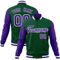Custom Green & Purple & White Color Block Cotton-Blend Full-Snap Varsity Jacket - front view
