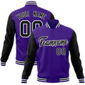 Custom Purple & Black & White Color Block Cotton-Blend Full-Snap Varsity Jacket - front view