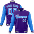 Personalized Purple & Powder Blue & White Color Block Cotton-Blend Full-Snap Varsity Jacket - front view