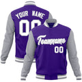 Custom Purple & White & Gray Color Block Cotton-Blend Full-Snap Varsity Jacket - front view