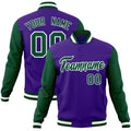 Custom Purple & Green & White Color Block Cotton-Blend Full-Snap Varsity Jacket - front view