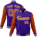 Personalized Purple & Orange & White Color Block Cotton-Blend Full-Snap Varsity Jacket - front view