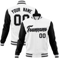 Custom White & Black & Gray Color Block Cotton-Blend Full-Snap Varsity Jacket - front view