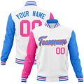 Personalized White & Powder Blue & Pink Color Block Cotton-Blend Full-Snap Varsity Jacket - front view